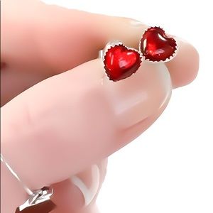 925 Sterling Silver Red RUBY Heart Stud Earrings